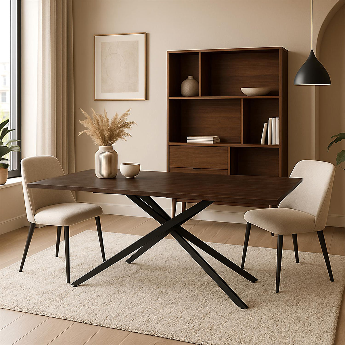 Table à manger extensible de 6 à 8 personnes en bois et métal noir L150-210 x P90 cm