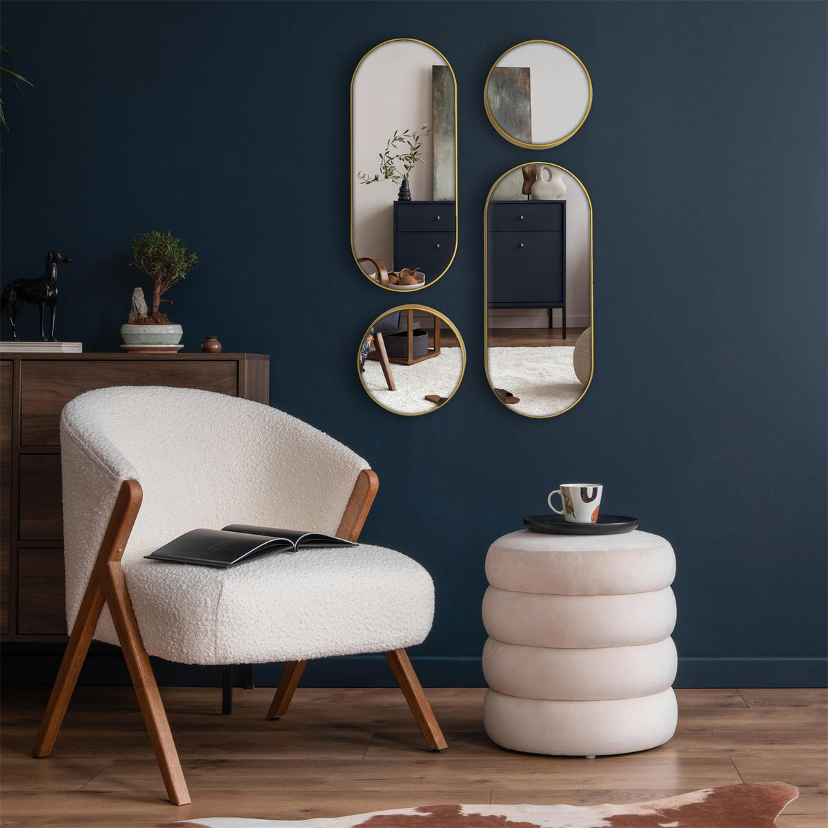Lot de 4 miroirs dorés ovales et rond H104