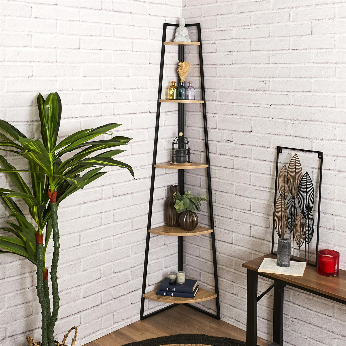 Étagère d'angle 5 niveaux effet bois et métal noir H180 cm