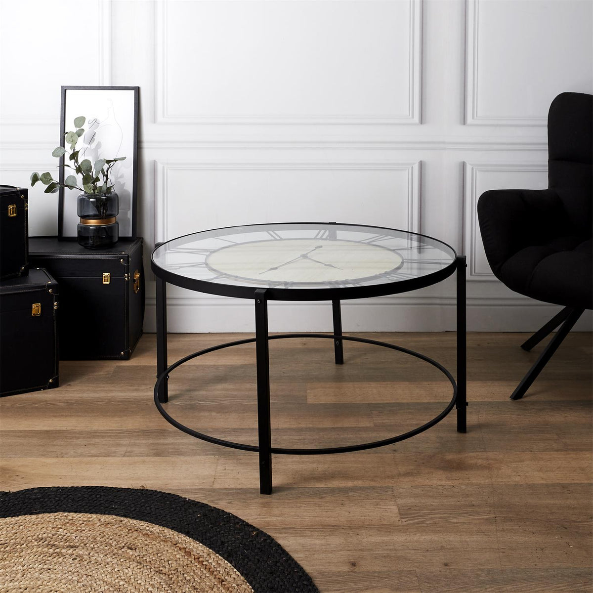 Table basse horloge ronde en métal noir et plateau verre D90 cm