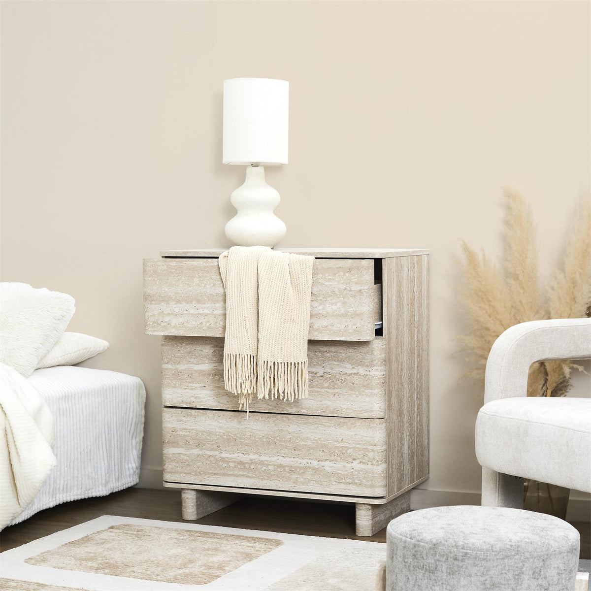 Commode en bois effet traversin 3 tiroirs