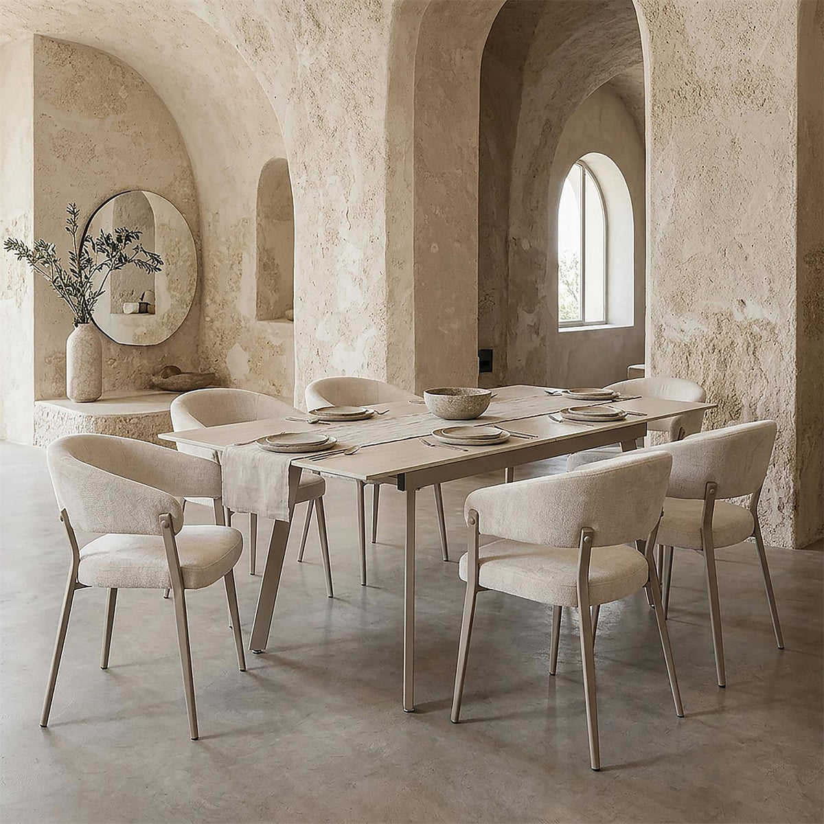 Table à manger extensible en céramique effet pierre beige 6 à 8 personnes L140-180 x P90 cm