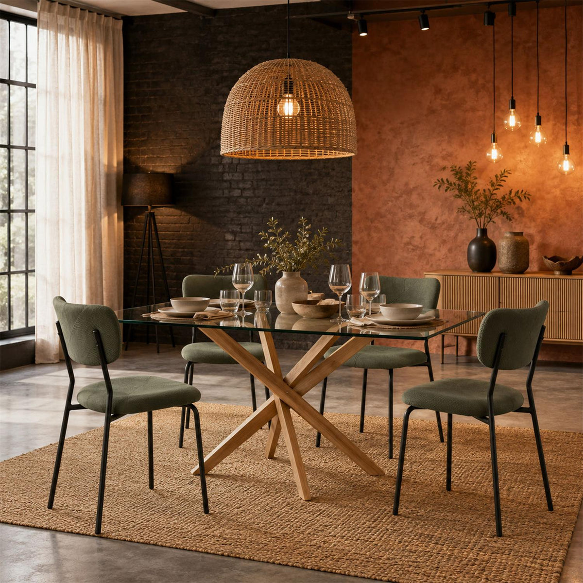 Lot de 4 chaises en velours côtelé vert pieds métal noir