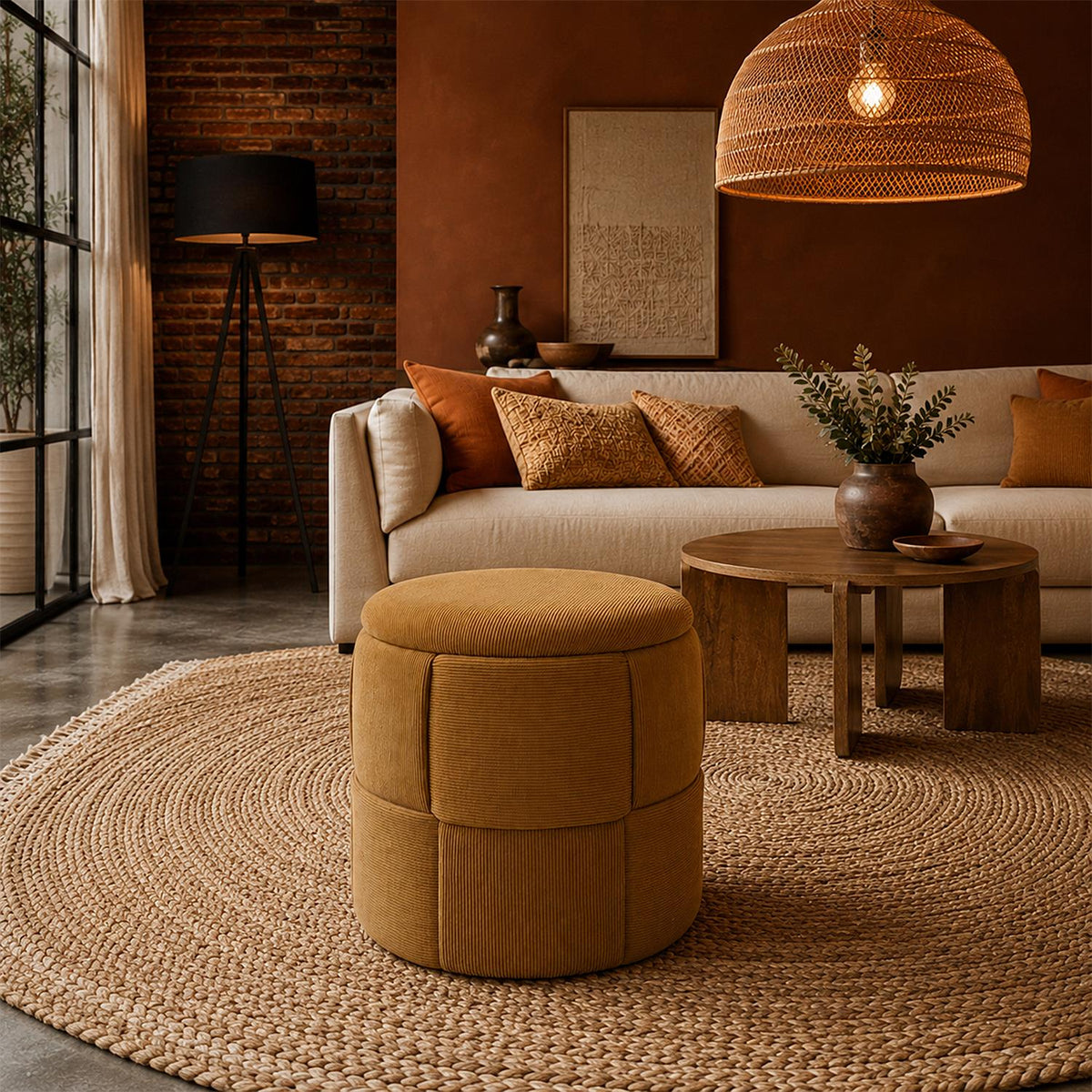 Pouf coffre de rangement rond tressé en velours côtelé jaune moutarde