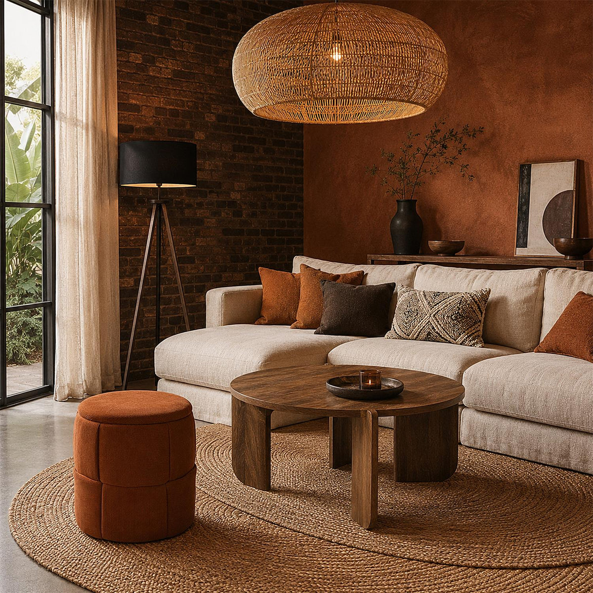 Pouf coffre de rangement rond tressé en velours côtelé terracotta