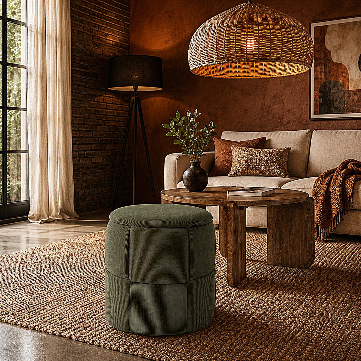 Pouf coffre de rangement rond tressé en velours côtelé vert