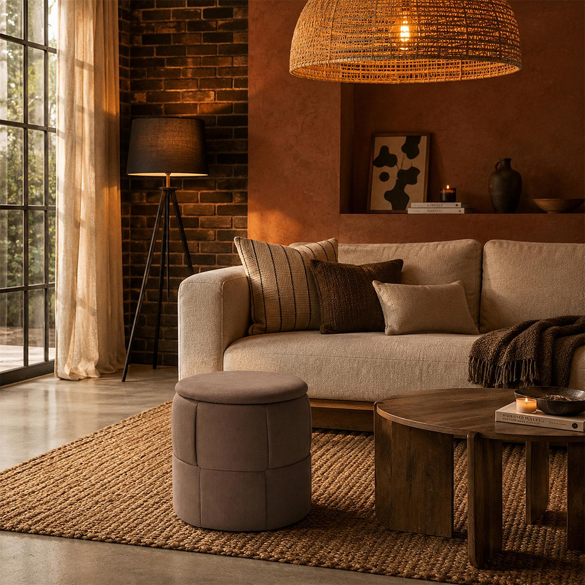 Pouf coffre de rangement rond tressé en velours côtelé taupe