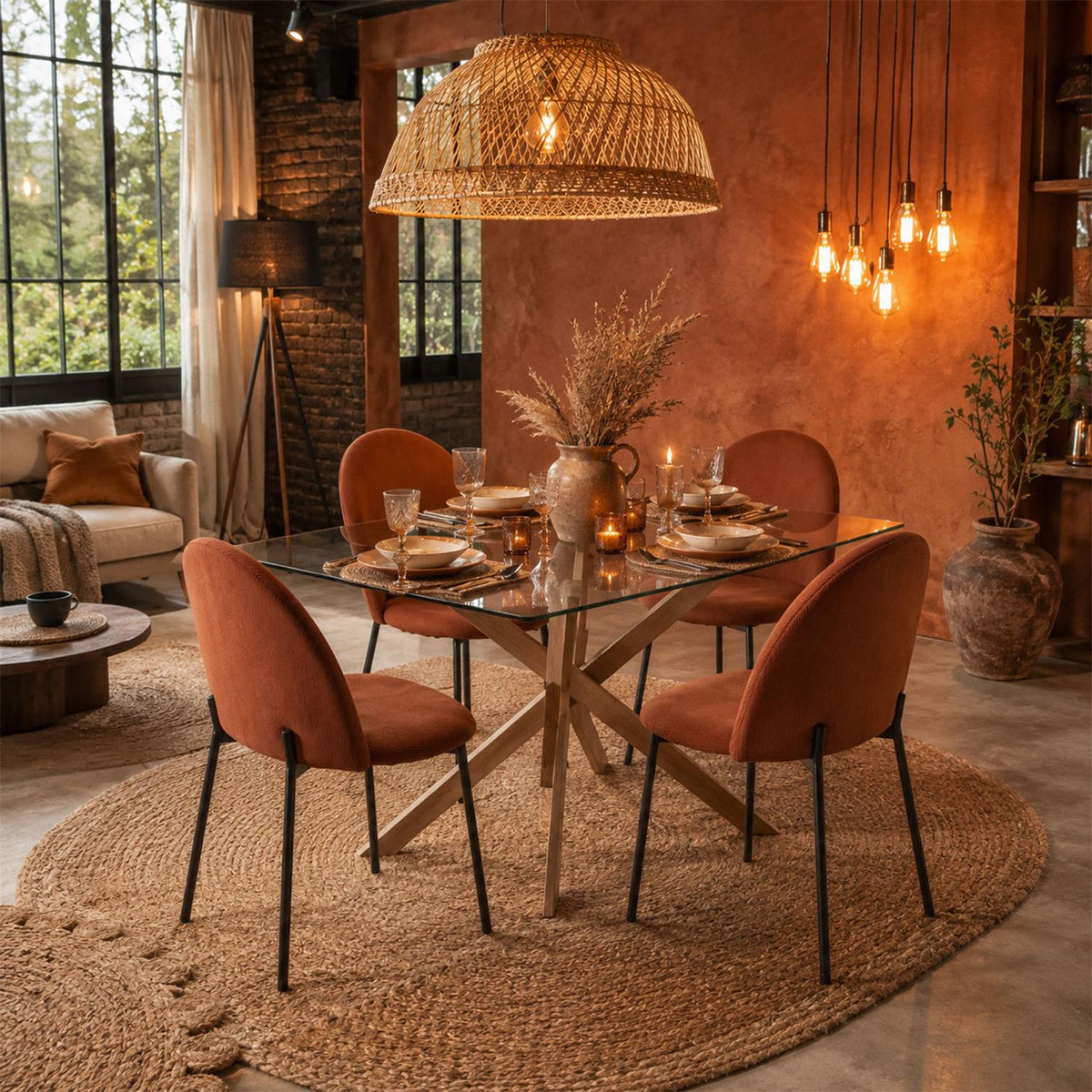 Lot de 4 chaises en velours côtelé terracotta dossier arrondi pieds noirs