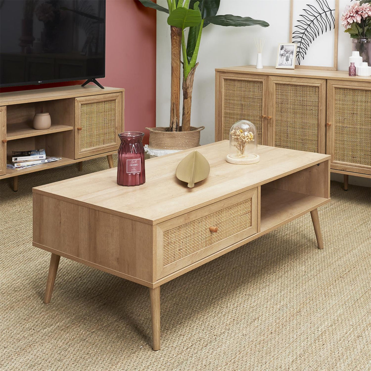 Table basse bois et cannage