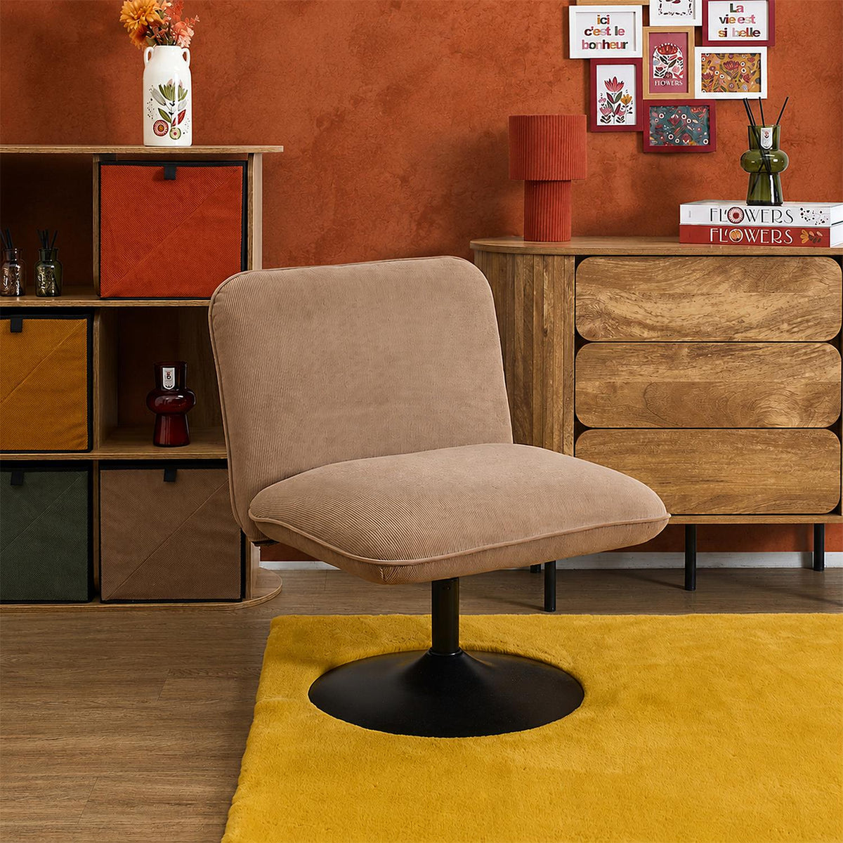 Fauteuil pivotant en velours côtelé taupe pied central noir