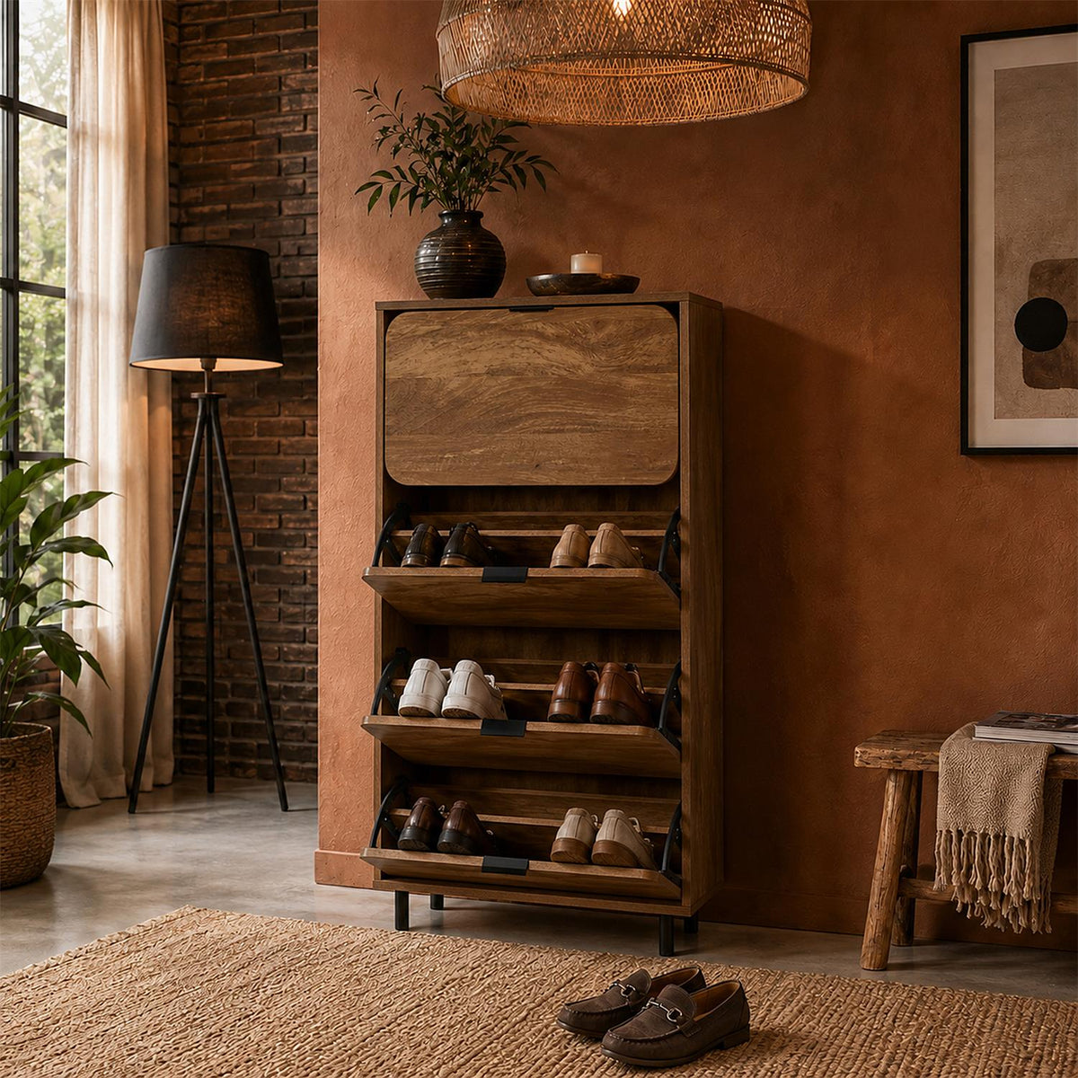 Meuble à chaussures arrondi style Art déco 3 portes effet bois pieds métal noir