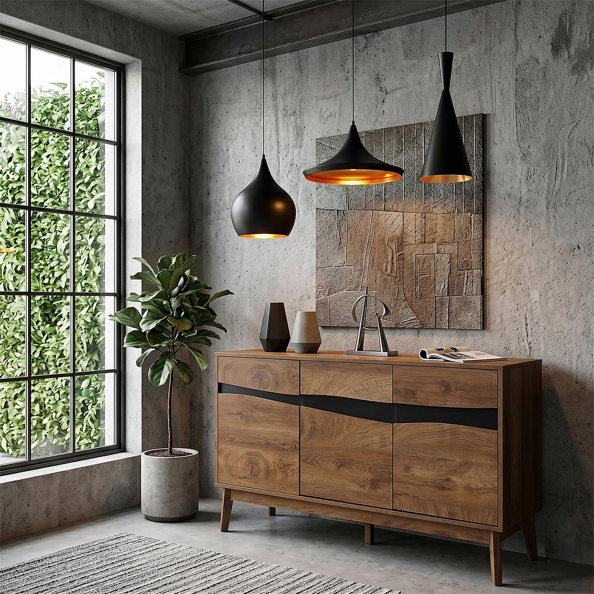 Buffet 3 portes effet bois et noir pieds en pin L120 cm