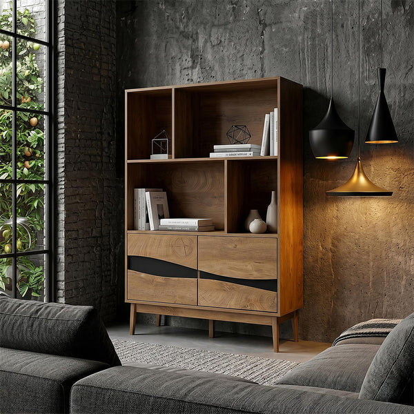 Bibliothèque effet bois et noir 4 niches et 2 portes L100 x H140 cm