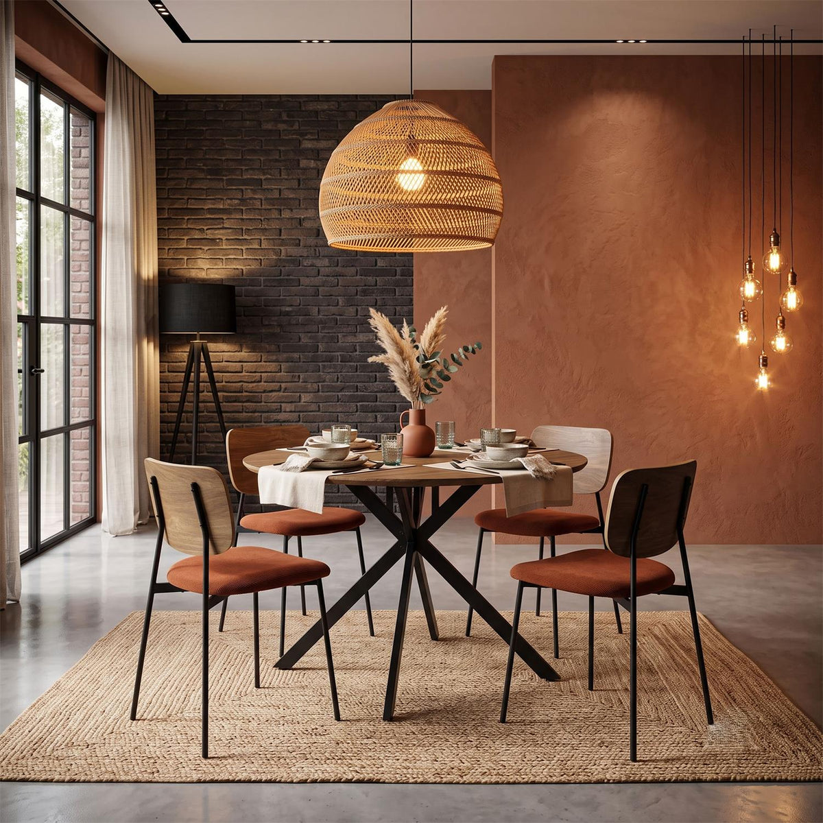 Table à manger ronde extensible effet bois et pied noir D110 à 200 cm