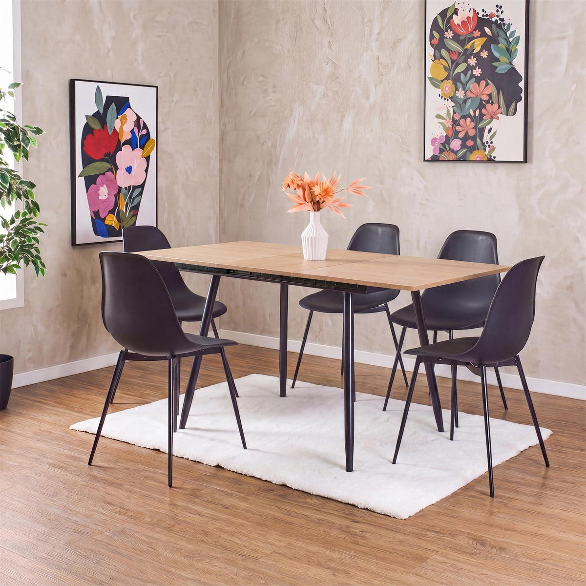 Table à manger extensible effet bois et pieds noirs 4 à 6 personnes L110-150 x P80 cm