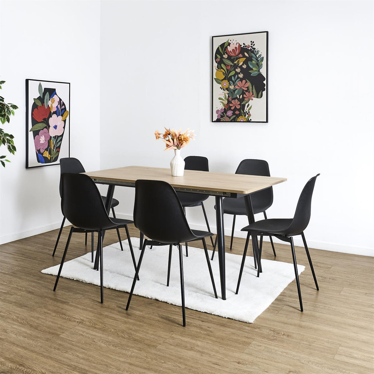 Table à manger extensible effet bois et pieds noirs 6 à 8 personnes L150-200 x P80 cm