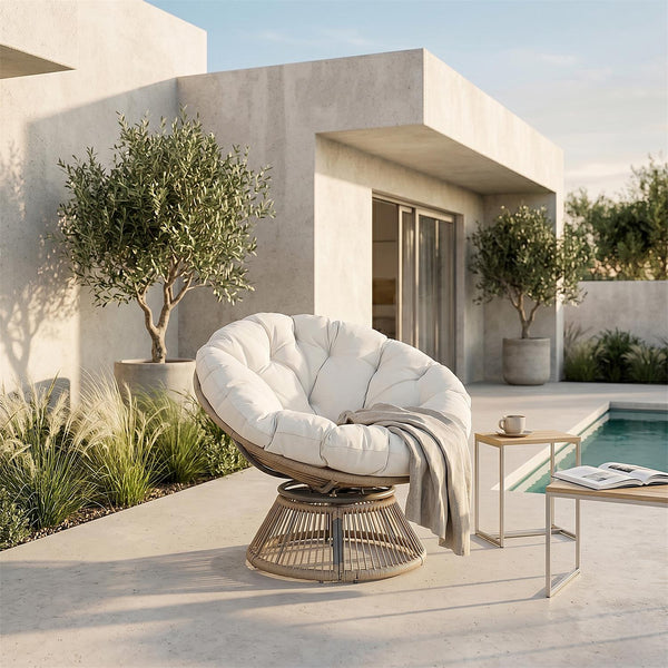 Fauteuil loveuse pivotant d'extérieur effet rotin naturel et coussin blanc