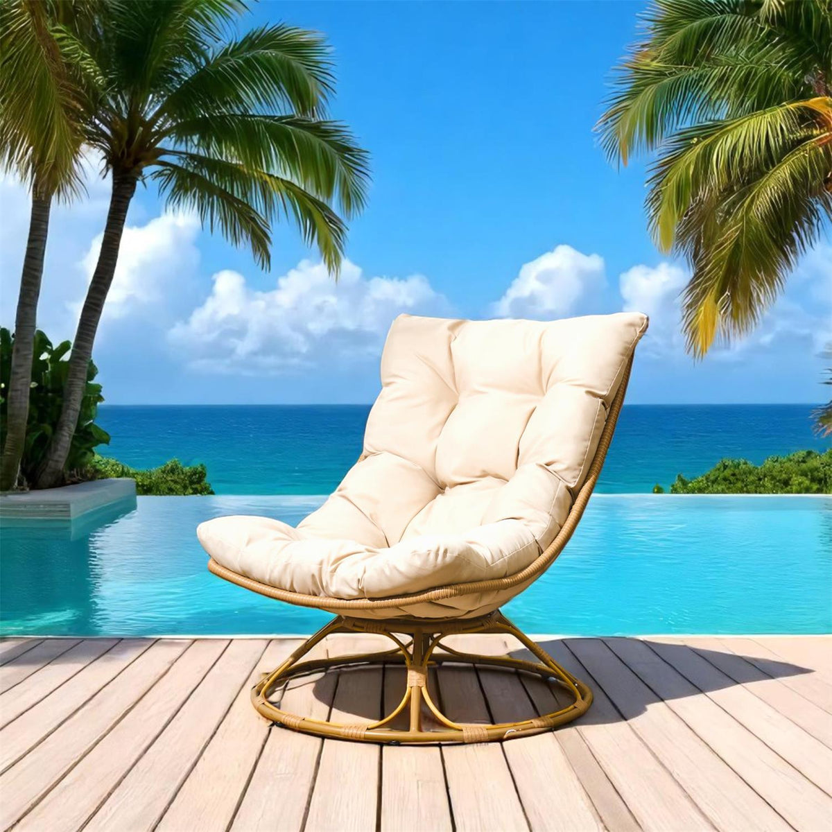 Fauteuil pivotant d'extérieur effet rotin avec coussin beige