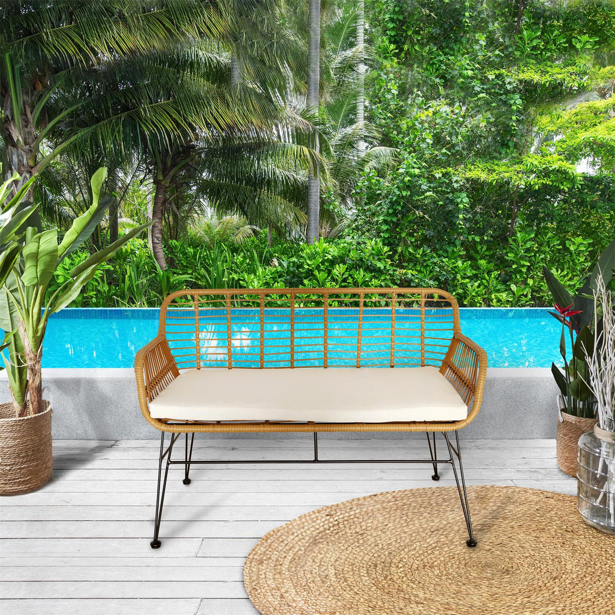 Banc de jardin 2 places effet rotin naturel avec coussin écru