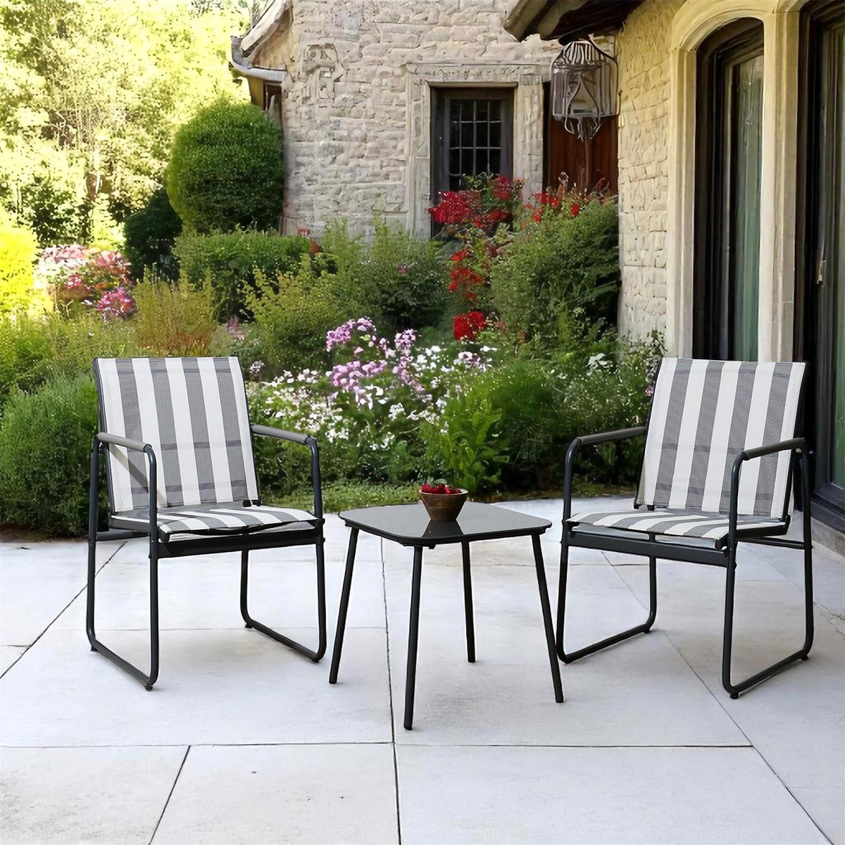 Salon de jardin 3 pièces 2 fauteuils rayés et table basse gris