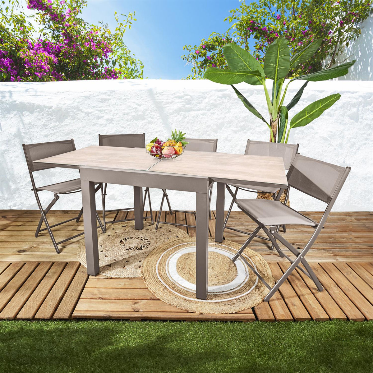 Table de jardin extensible en verre et aluminium beige L80-160 x P80 cm