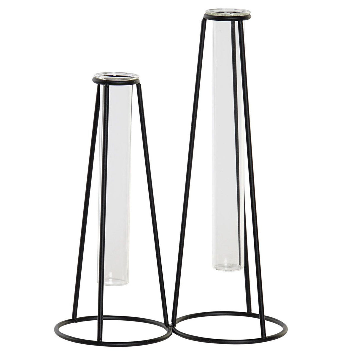 lot de 2 vases fioles en verre et métal H25