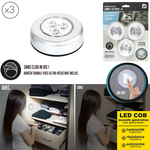 Lot de 3 lampe led à pression adhesive