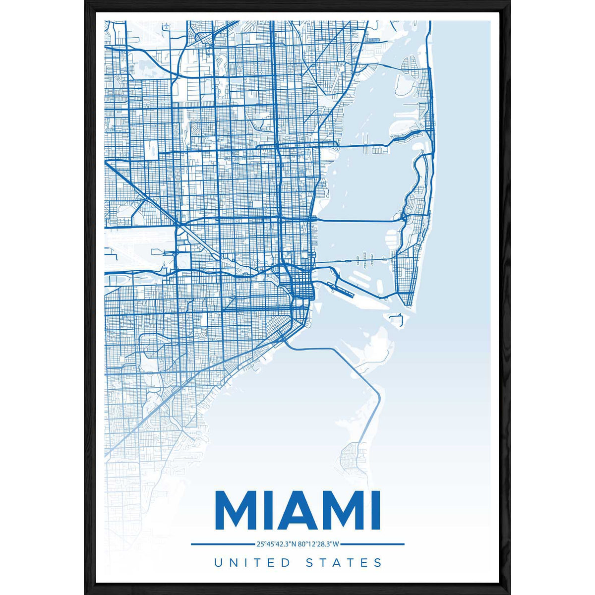 Tableau MIAMI avec cadre noir ALL BLEU – Taille 32x42