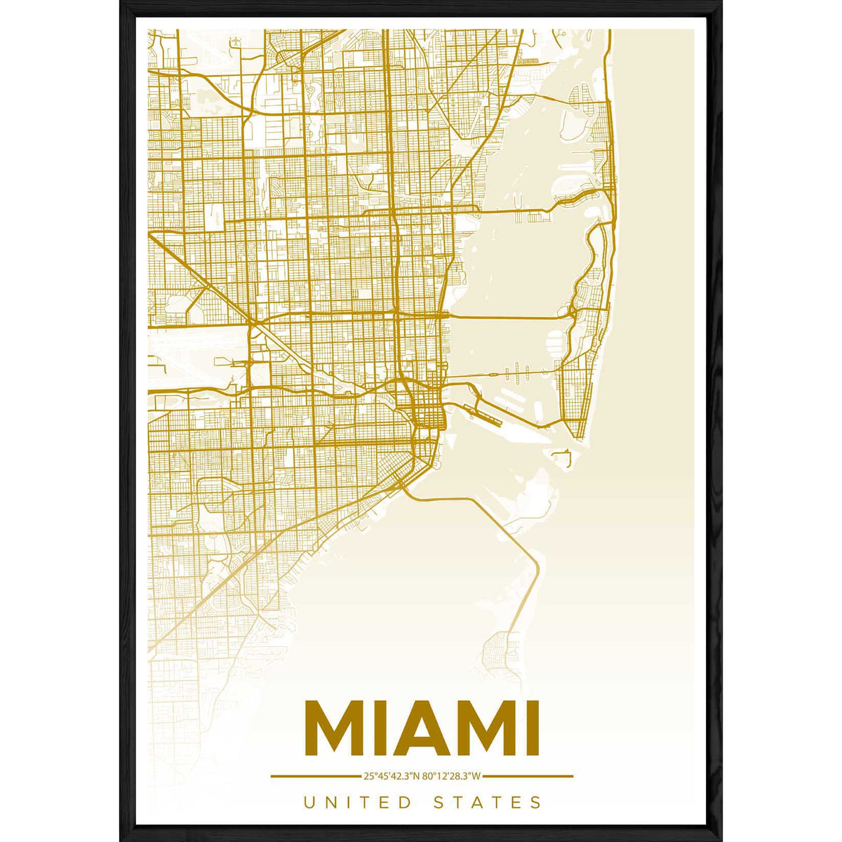 Tableau MIAMI avec cadre noir ALL JAUNE – Taille 23x32