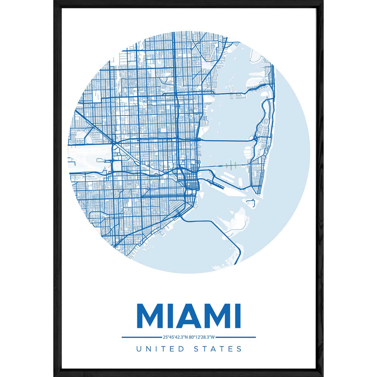 Tableau MIAMI avec cadre noir ROUND BLEU – Taille 23x32