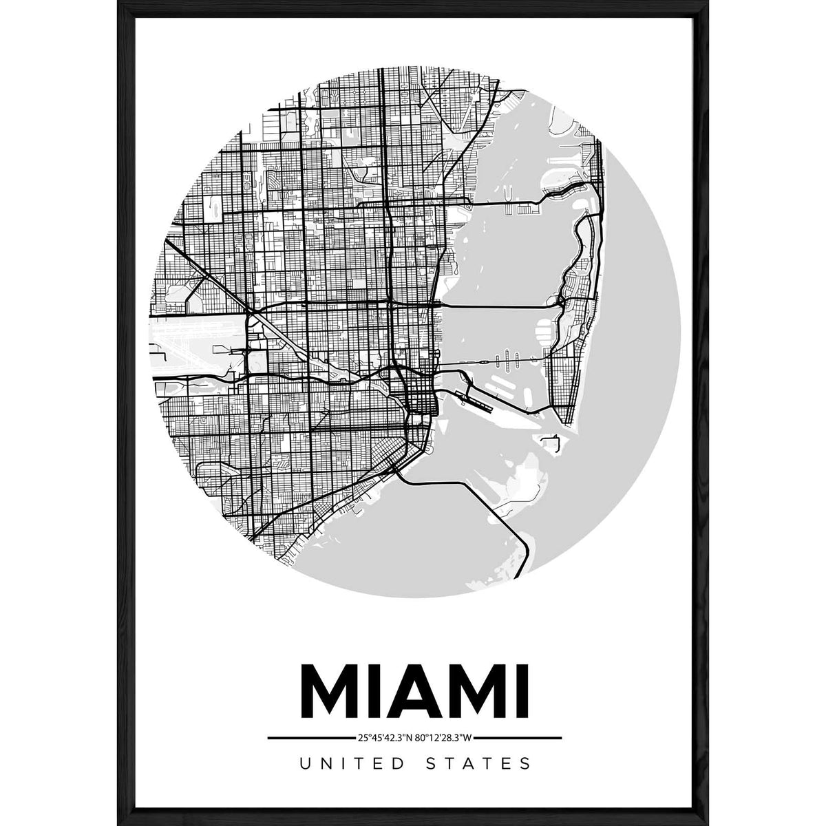 Tableau MIAMI avec cadre noir ROUND MONOCHROME – Taille 32x42