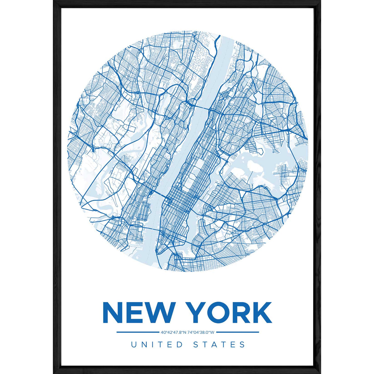 Tableau NEW YORK avec cadre noir ROUND BLEU – Taille 32x42