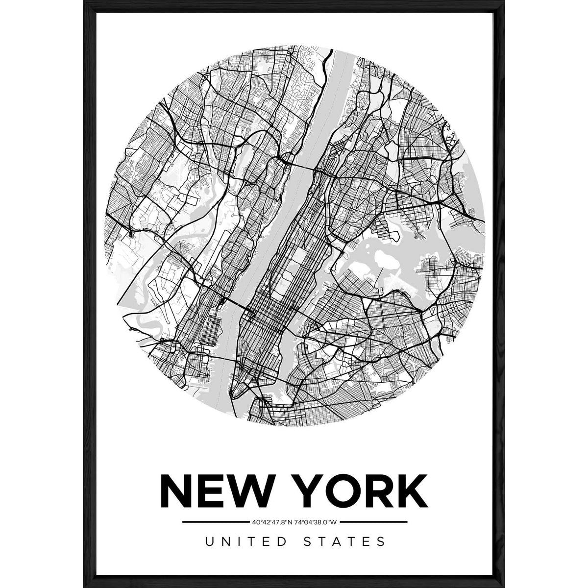 Tableau NEW YORK avec cadre noir ROUND MONOCHROME – Taille 32x42
