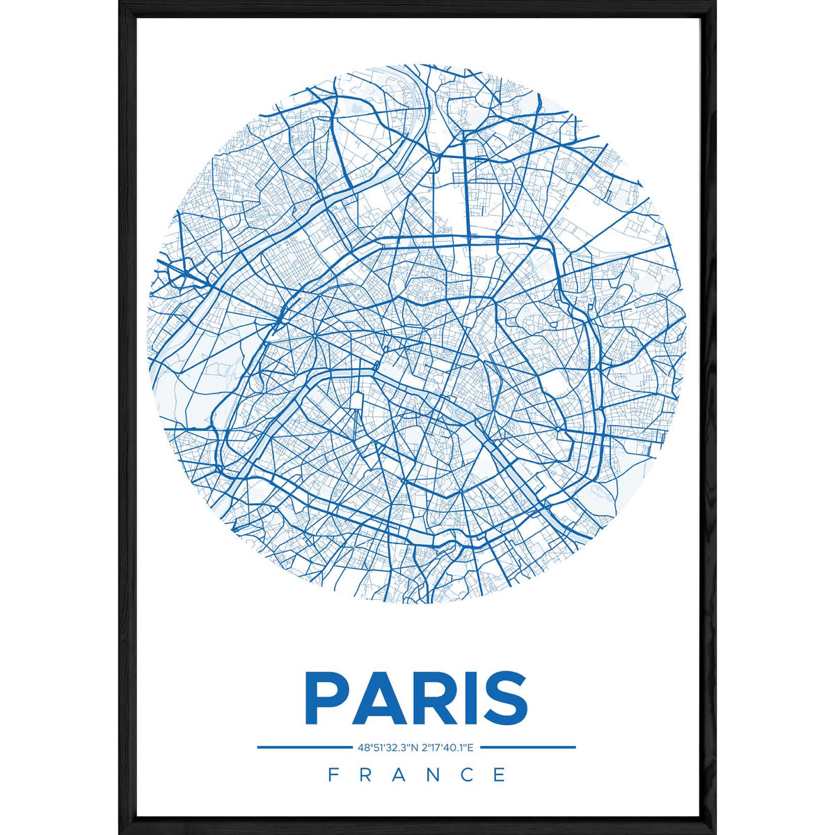 Tableau PARIS avec cadre noir ROUND BLEU – Taille 23x32