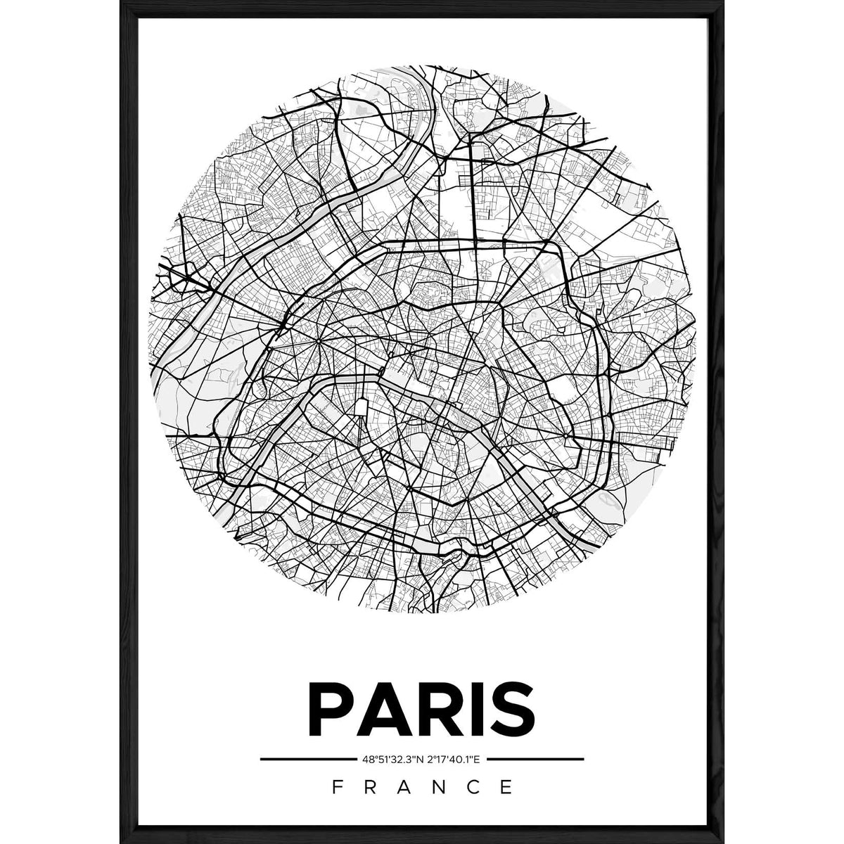 Tableau PARIS avec cadre noir ROUND MONOCHROME – Taille 32x42
