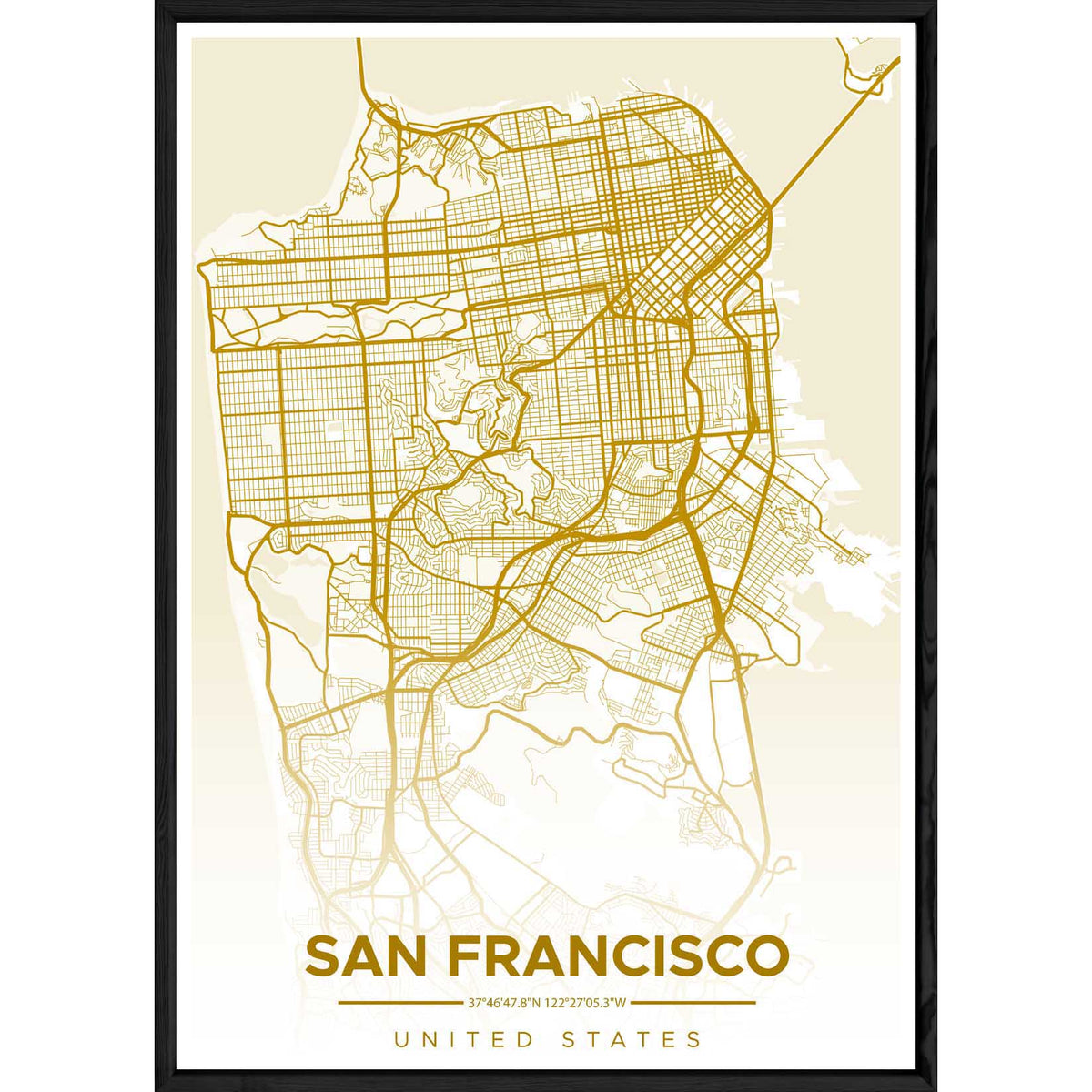 Tableau SAN FRANSISCO avec cadre noir ALL JAUNE – Taille 23x32