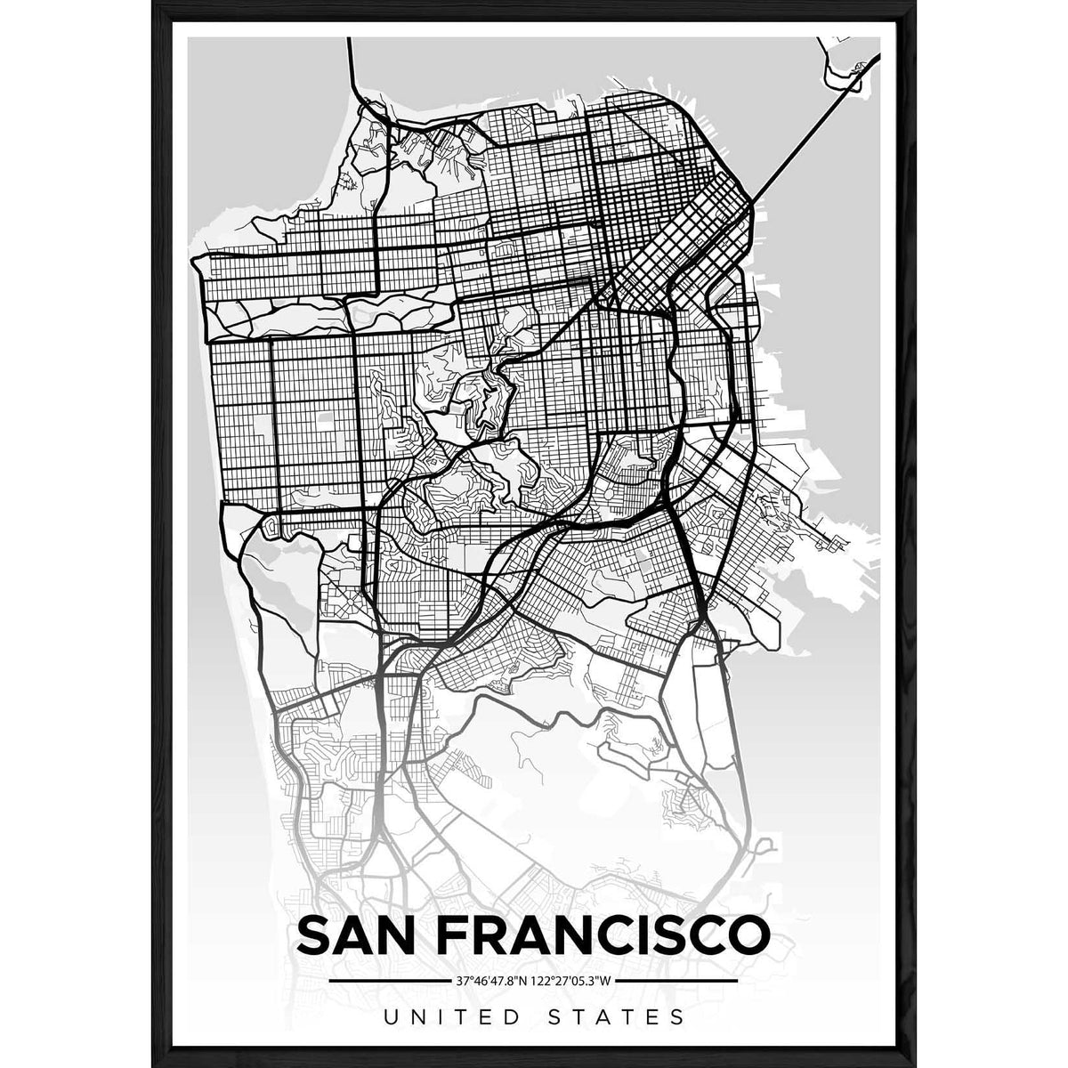 Tableau SAN FRANSISCO avec cadre noir ALL MONOCHROME – Taille 32x42