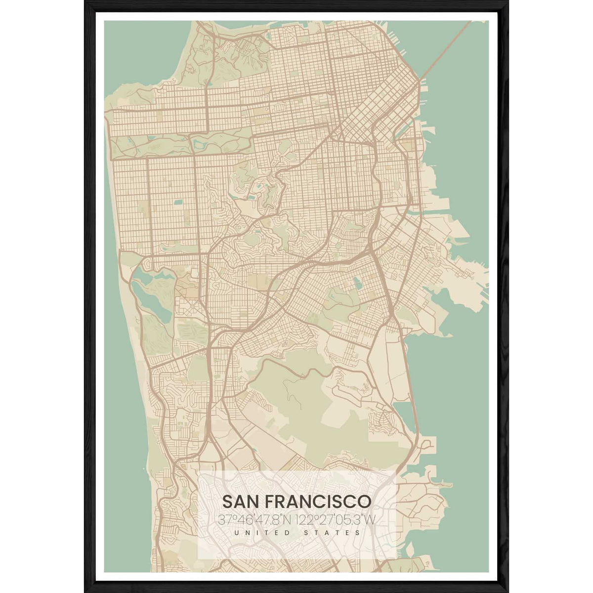 Tableau SAN FRANSISCO avec cadre noir ALL NATUREL – Taille 32x42