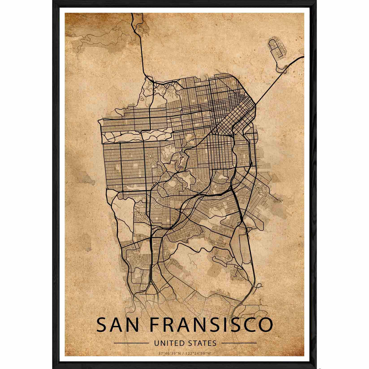Tableau SAN FRANSISCO avec cadre noir OLD – Taille 23x32