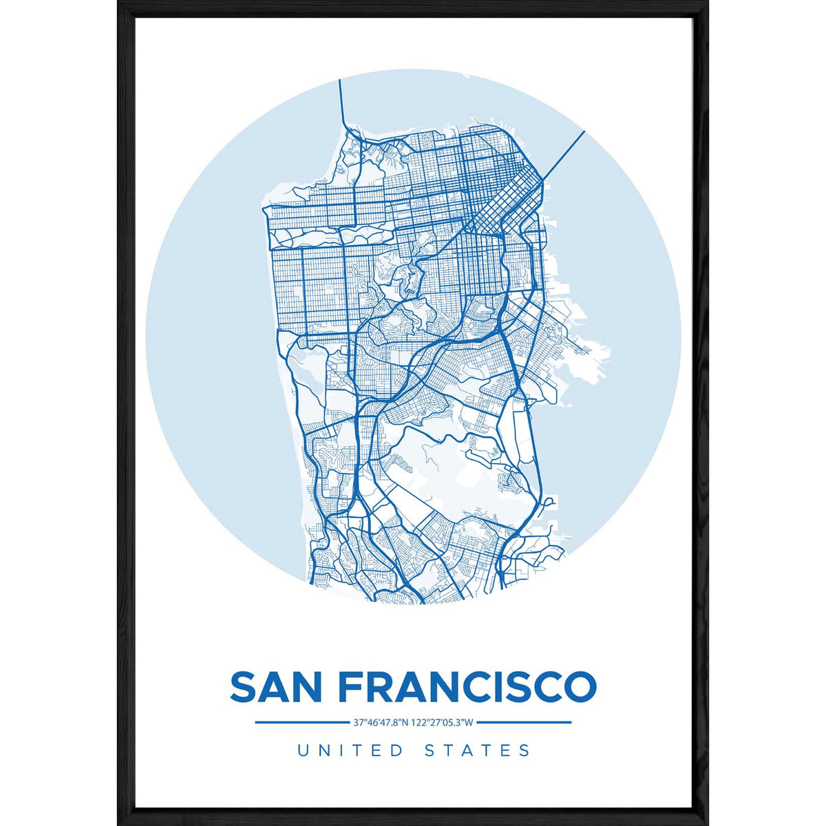 Tableau SAN FRANSISCO avec cadre noir ROUND BLEU – Taille 32x42