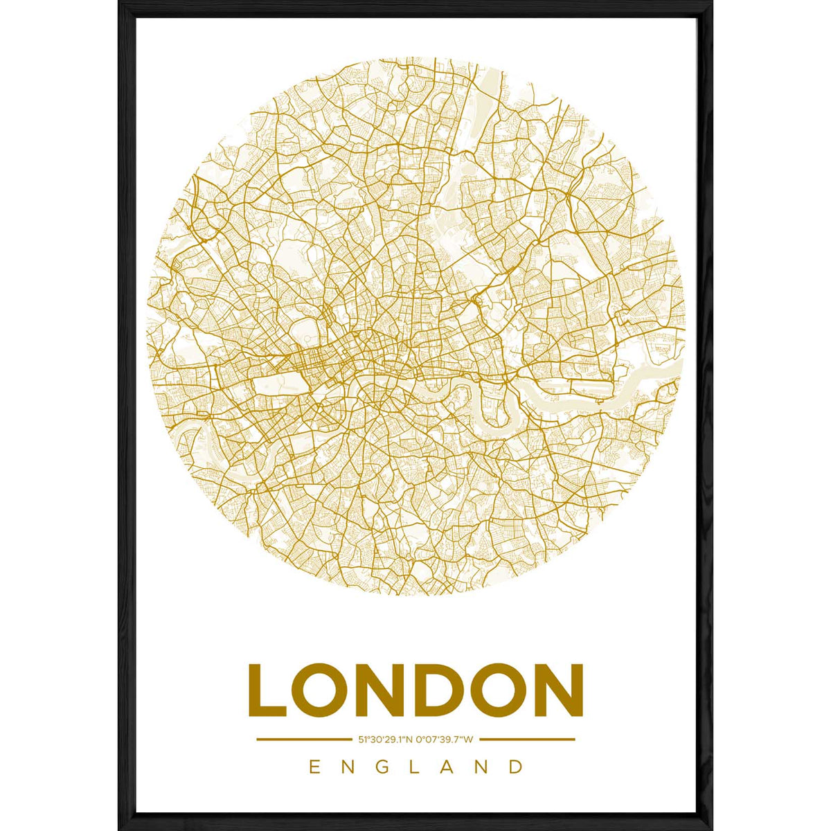 Tableau LONDON avec cadre noir ROUND JAUNE – Taille 32x42