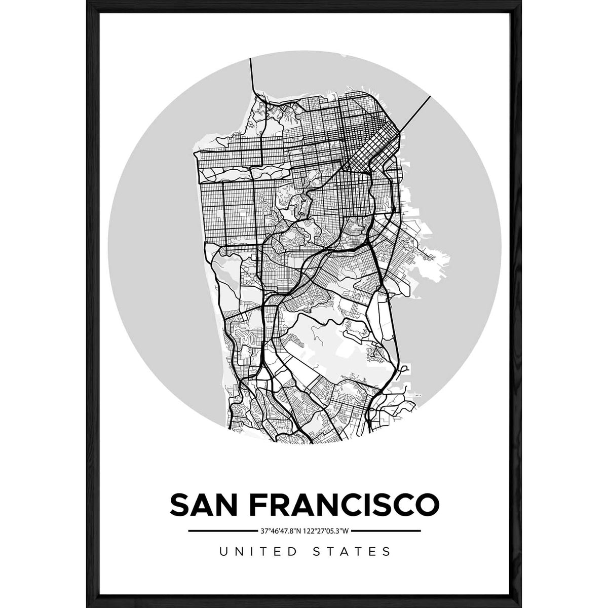 Tableau SAN FRANSISCO avec cadre noir ROUND MONOCHROME – Taille 23x32