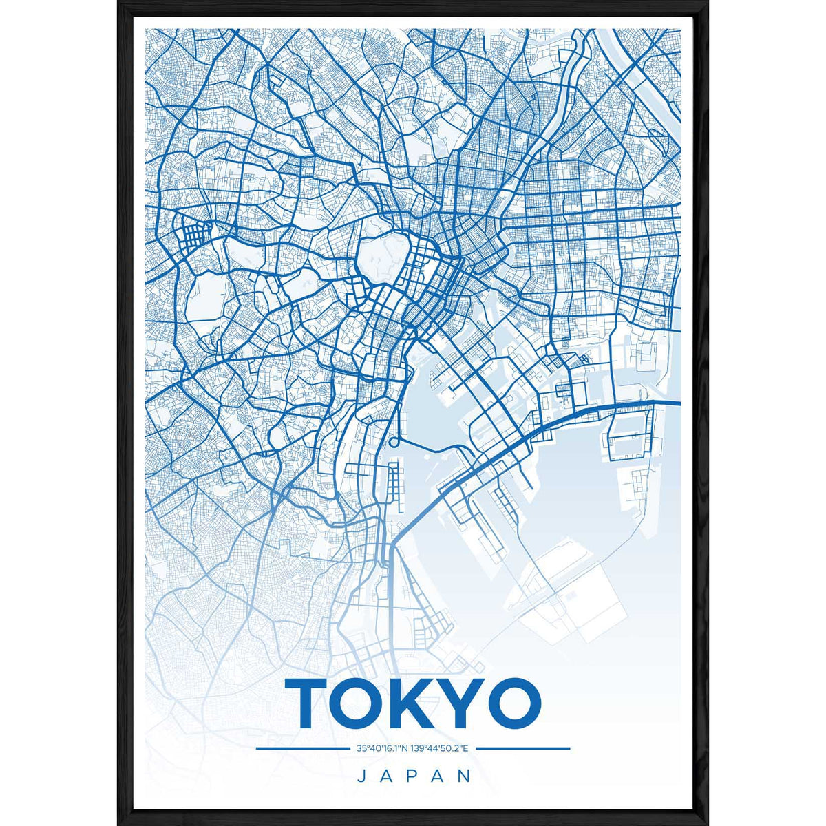 Tableau TOKYO avec cadre noir ALL BLEU – Taille 32x42