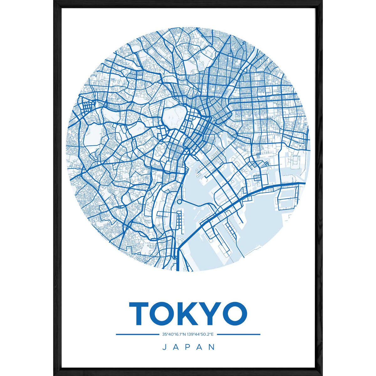 Tableau TOKYO avec cadre noir ROUND BLEU – Taille 32x42