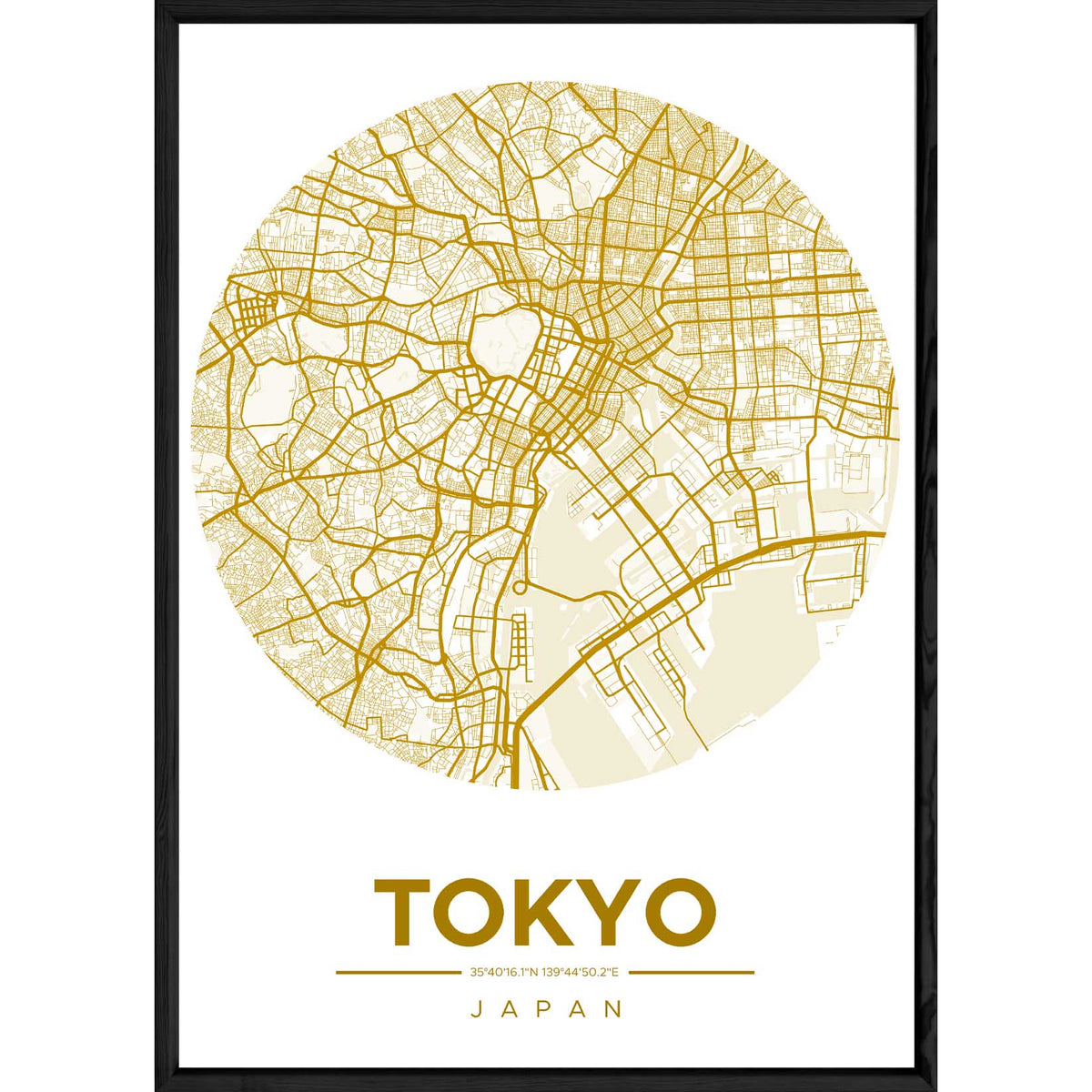 Tableau TOKYO avec cadre noir ROUND JAUNE – Taille 32x42
