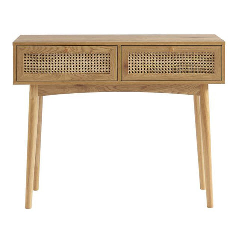 Bureau/console effet chêne et cannage rotin 2 tiroirs L100 x P35 x H80 cm