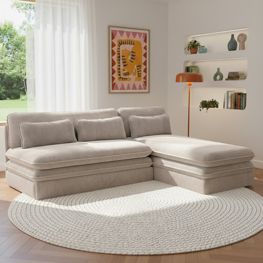 Banquette d'angle convertible et réversible 4 places velours côtelé taupe