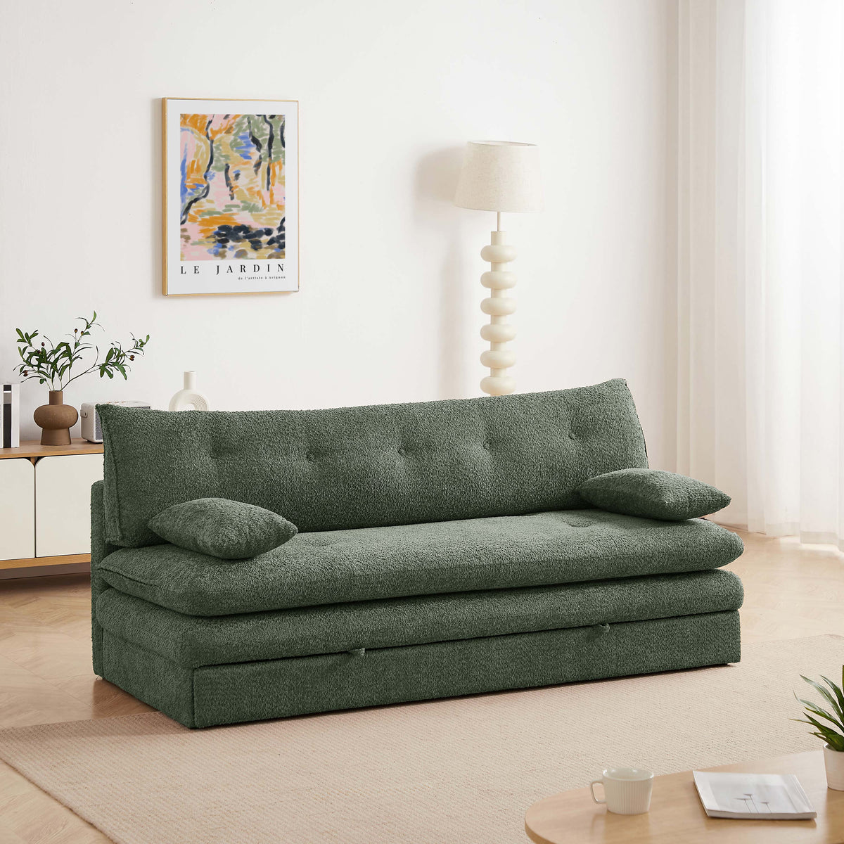 Banquette convertible 3 places tissu bouclette vert L193 x P88 x H86