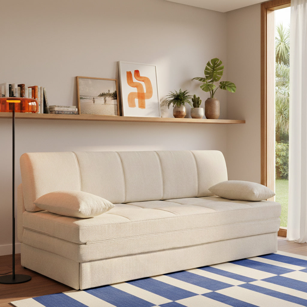 Banquette convertible 3 places tissu chenille beige