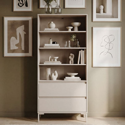 Bibliothèque 2 tiroirs 4 niches beige 78 cm